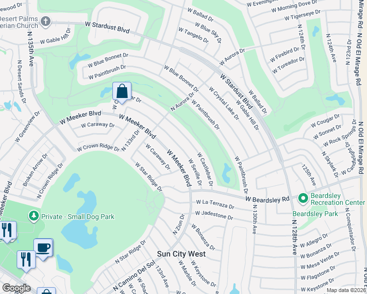 map of restaurants, bars, coffee shops, grocery stores, and more near 13003 West Castlebar Drive in Sun City West