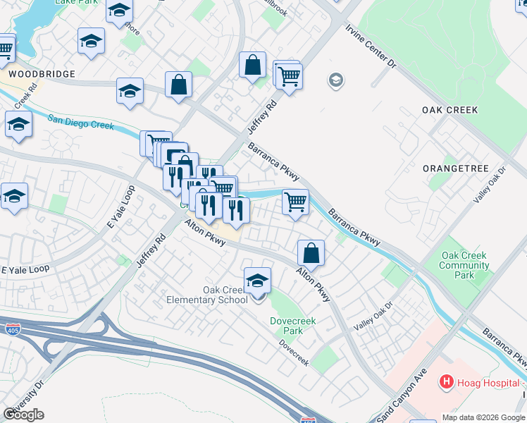 map of restaurants, bars, coffee shops, grocery stores, and more near 5 Chinaberry in Irvine