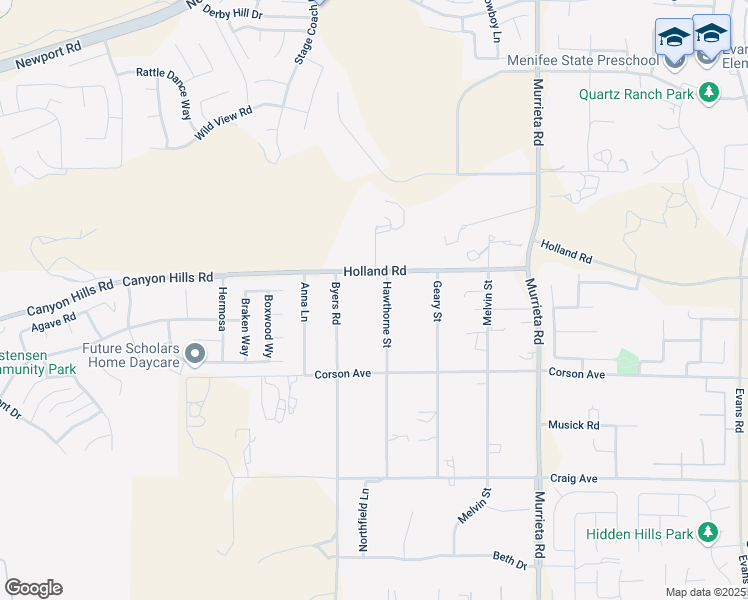 map of restaurants, bars, coffee shops, grocery stores, and more near 25609 Holland Road in Menifee