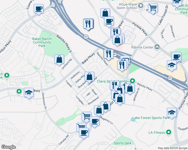 map of restaurants, bars, coffee shops, grocery stores, and more near 130 Parkland Alley in Lake Forest