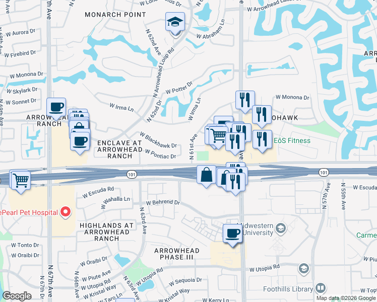 map of restaurants, bars, coffee shops, grocery stores, and more near 20258 North 61st Avenue in Glendale