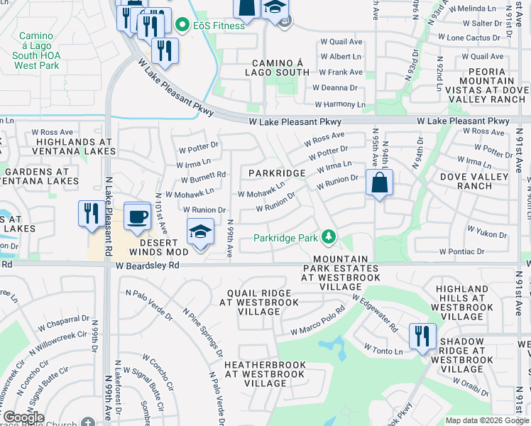 map of restaurants, bars, coffee shops, grocery stores, and more near 9817 West Mohawk Lane in Peoria