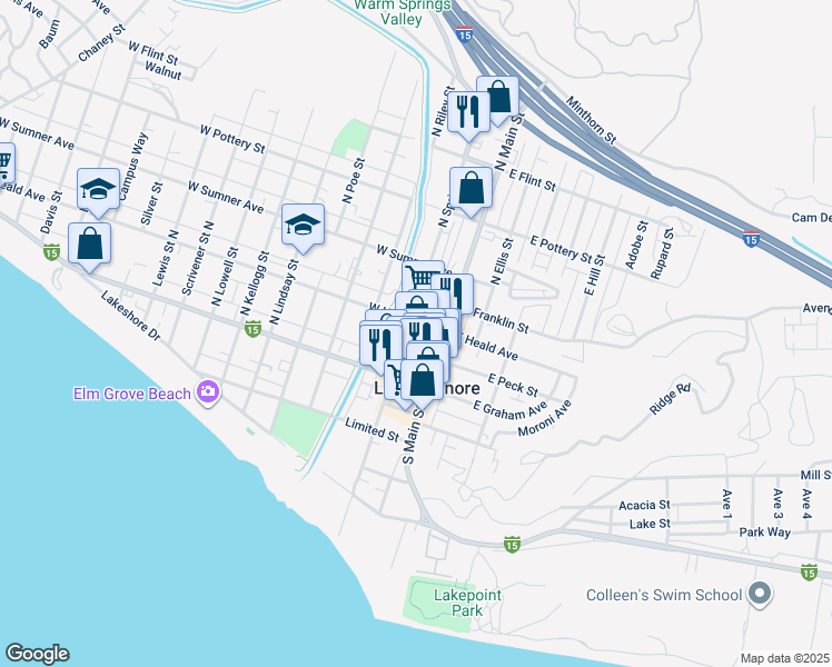 map of restaurants, bars, coffee shops, grocery stores, and more near 217 North Main Street in Lake Elsinore