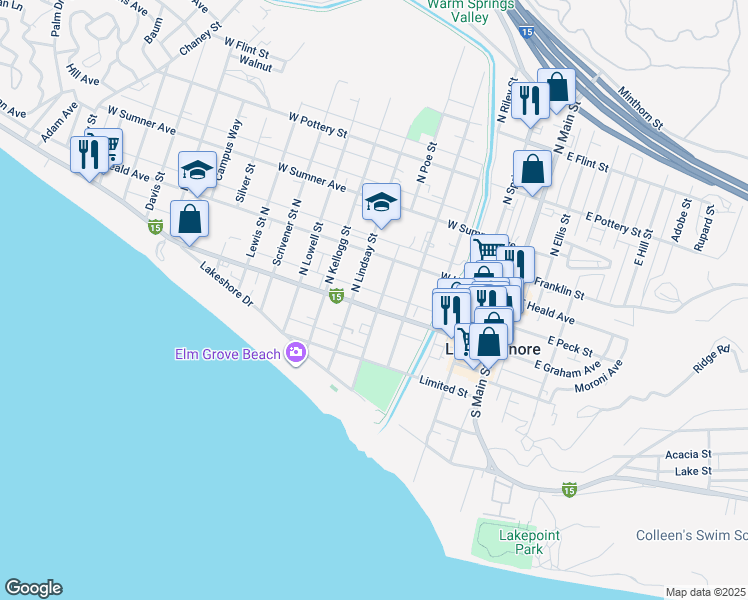 map of restaurants, bars, coffee shops, grocery stores, and more near 116 North Lindsay Street in Lake Elsinore