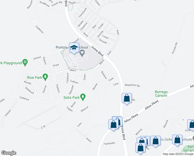 map of restaurants, bars, coffee shops, grocery stores, and more near Merit in Irvine