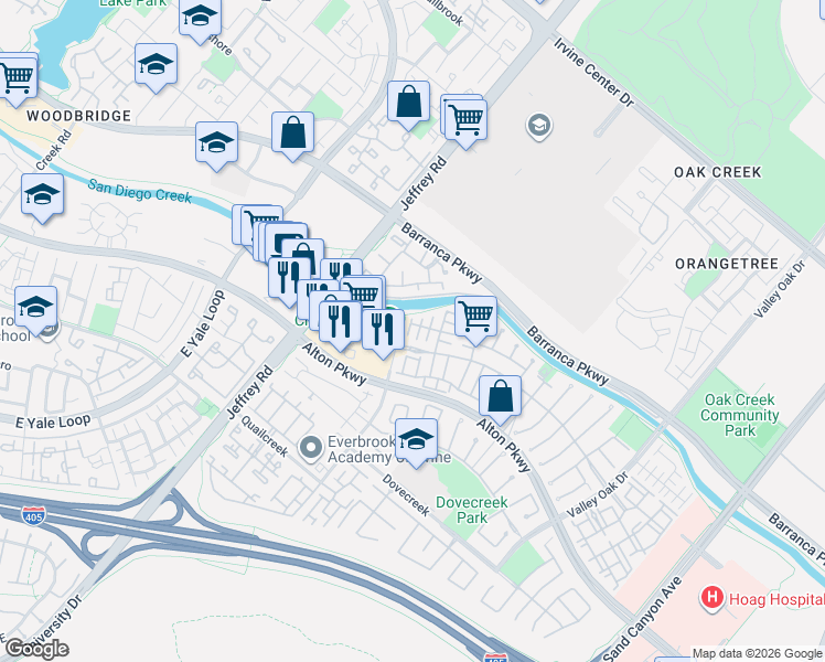 map of restaurants, bars, coffee shops, grocery stores, and more near 6 Datepalm in Irvine