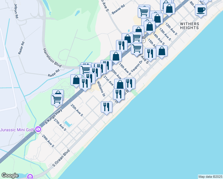 map of restaurants, bars, coffee shops, grocery stores, and more near 2010 Yaupon Drive in Myrtle Beach