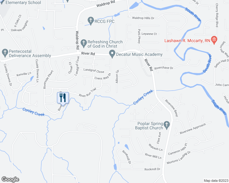 map of restaurants, bars, coffee shops, grocery stores, and more near 3198 Allison Circle in Decatur