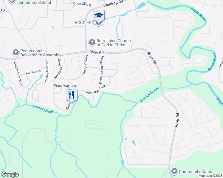map of restaurants, bars, coffee shops, grocery stores, and more near 3400 River Run Trail in Decatur