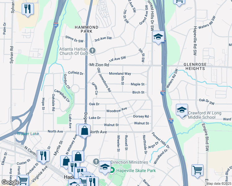 map of restaurants, bars, coffee shops, grocery stores, and more near 298 Birch Street in Hapeville