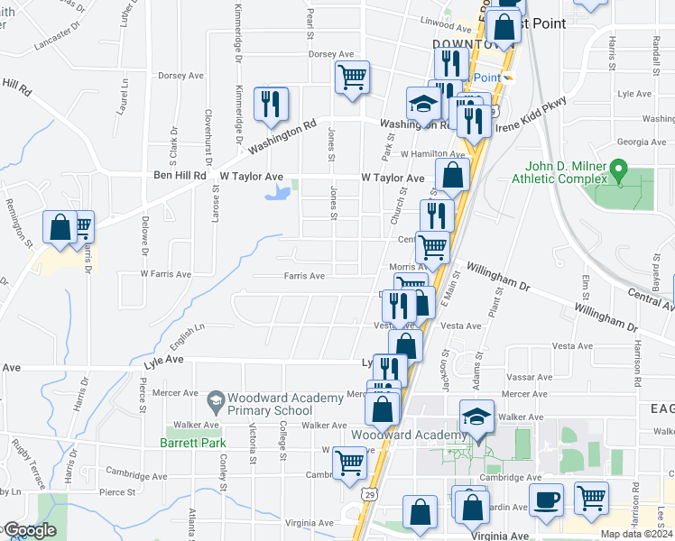 map of restaurants, bars, coffee shops, grocery stores, and more near 1821 Phillips Avenue in East Point