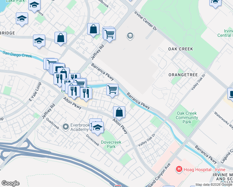 map of restaurants, bars, coffee shops, grocery stores, and more near 11 Quail Bush in Irvine