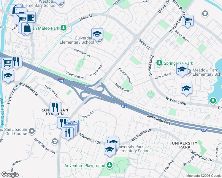map of restaurants, bars, coffee shops, grocery stores, and more near 165 Fairside in Irvine