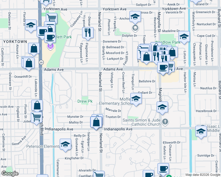map of restaurants, bars, coffee shops, grocery stores, and more near 8581 Kelso Drive in Huntington Beach