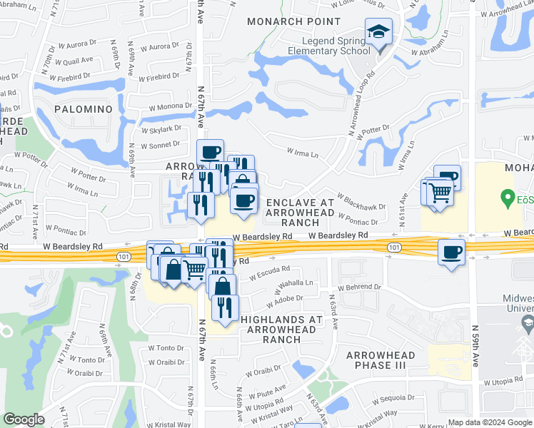 map of restaurants, bars, coffee shops, grocery stores, and more near 6397 West Blackhawk Drive in Glendale