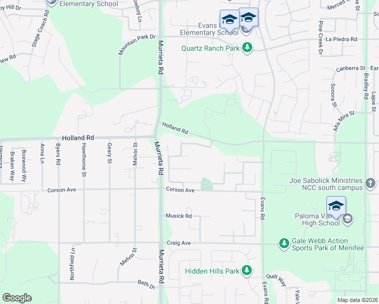 map of restaurants, bars, coffee shops, grocery stores, and more near 26146 Deer Run Street in Menifee