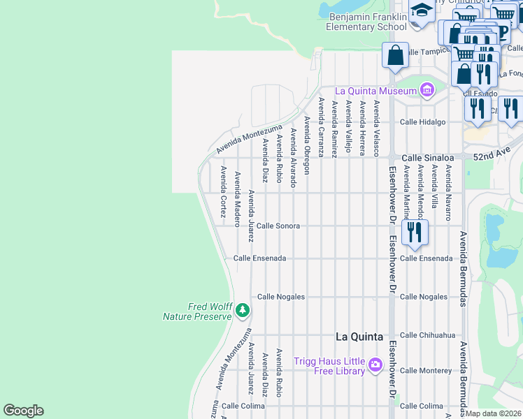 map of restaurants, bars, coffee shops, grocery stores, and more near 52123 Avenida Diaz in La Quinta