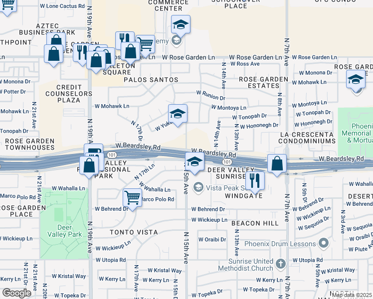 map of restaurants, bars, coffee shops, grocery stores, and more near N 15th Ave & W Beardsley Rd in Phoenix