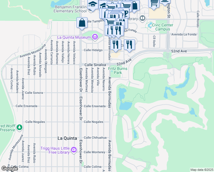 map of restaurants, bars, coffee shops, grocery stores, and more near Avenida Bermudas in La Quinta