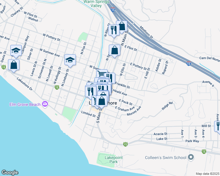map of restaurants, bars, coffee shops, grocery stores, and more near 202 North Main Street in Lake Elsinore