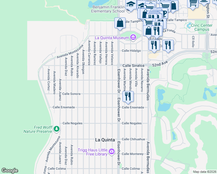 map of restaurants, bars, coffee shops, grocery stores, and more near 52140 Avenue Herrera in La Quinta