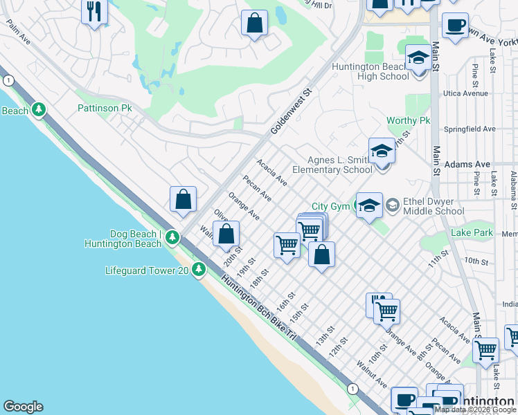 map of restaurants, bars, coffee shops, grocery stores, and more near in Huntington Beach