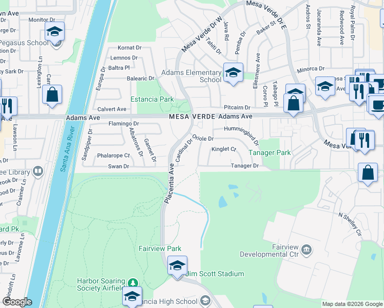 map of restaurants, bars, coffee shops, grocery stores, and more near 1870 Wren Circle in Costa Mesa