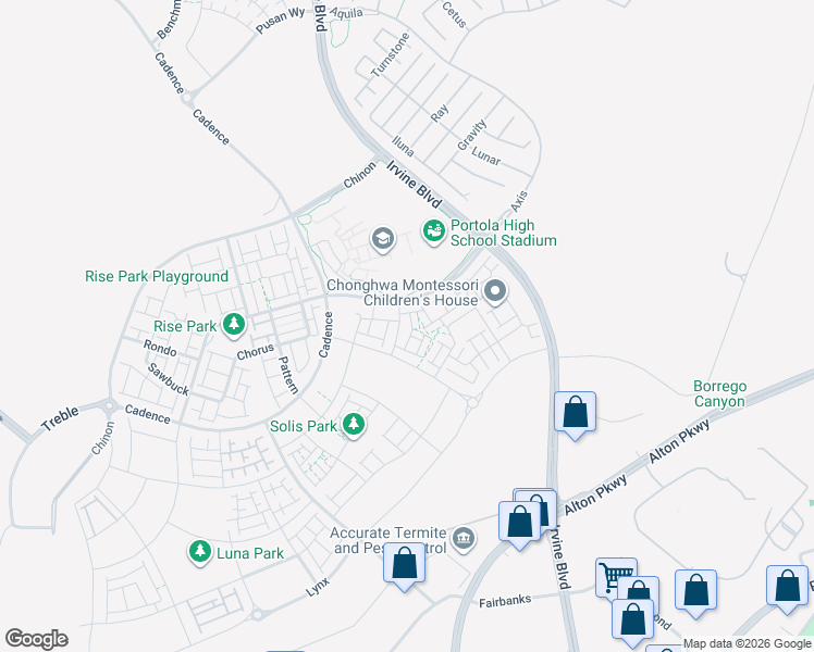 map of restaurants, bars, coffee shops, grocery stores, and more near 124 Zawn in Irvine
