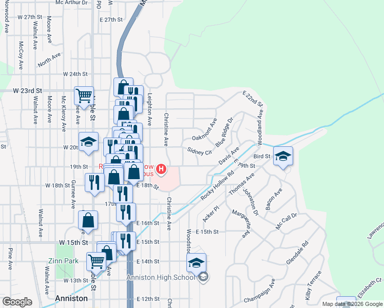 map of restaurants, bars, coffee shops, grocery stores, and more near 1922 Harris Avenue in Anniston