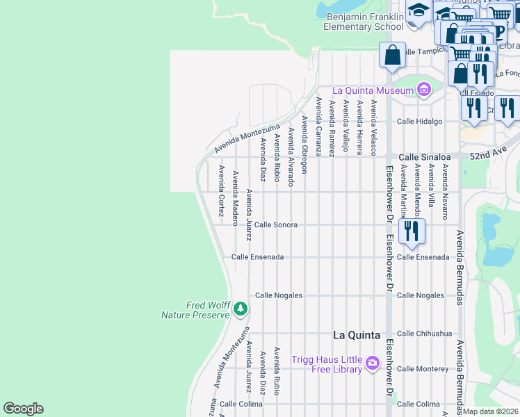 map of restaurants, bars, coffee shops, grocery stores, and more near 52015 Avenida Diaz in La Quinta
