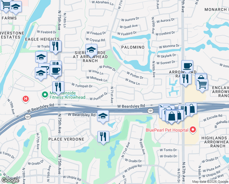 map of restaurants, bars, coffee shops, grocery stores, and more near 20272 North 70th Drive in Glendale