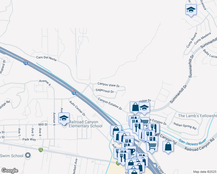 map of restaurants, bars, coffee shops, grocery stores, and more near 31537 Canyon View Drive in Lake Elsinore