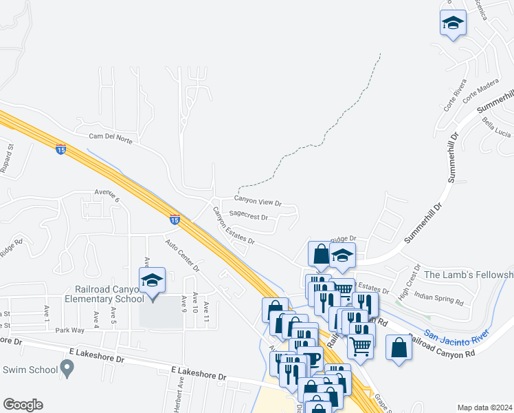 map of restaurants, bars, coffee shops, grocery stores, and more near 31537 Canyon View Drive in Lake Elsinore
