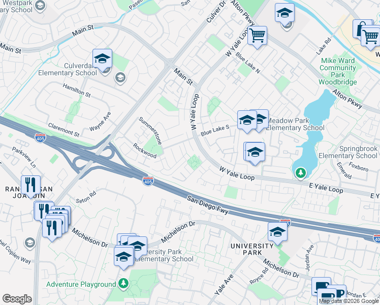 map of restaurants, bars, coffee shops, grocery stores, and more near 15 Snowapple in Irvine