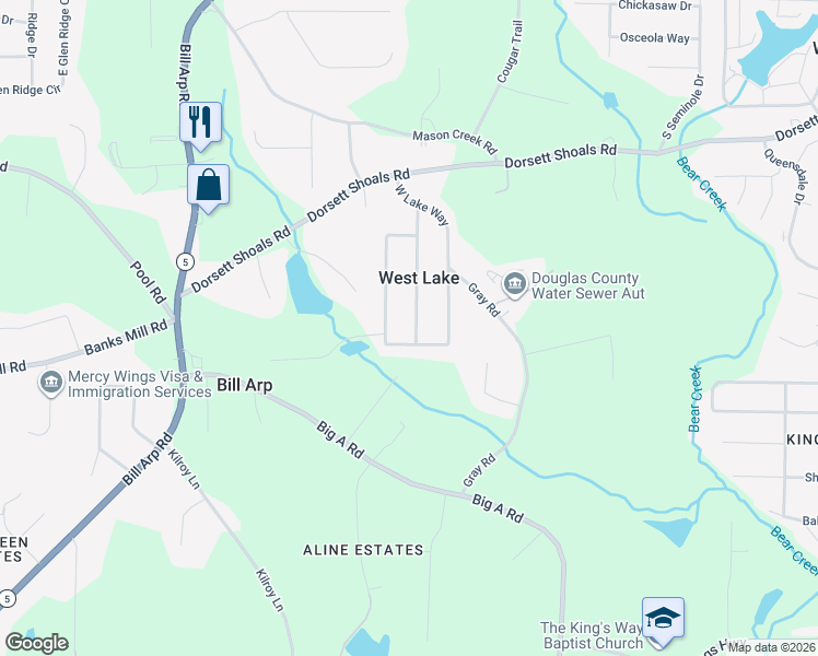map of restaurants, bars, coffee shops, grocery stores, and more near 4992 West Ridge Drive in Douglasville
