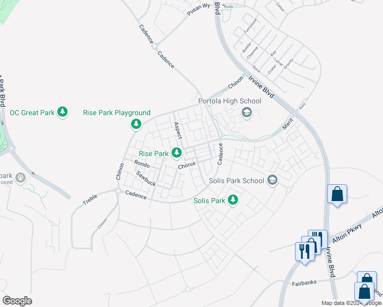 map of restaurants, bars, coffee shops, grocery stores, and more near in Irvine