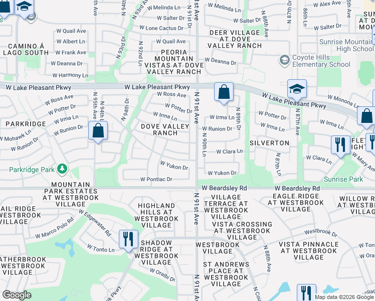map of restaurants, bars, coffee shops, grocery stores, and more near 20477 North 91st Drive in Peoria