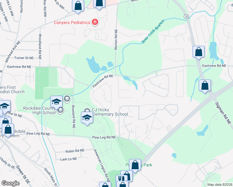 map of restaurants, bars, coffee shops, grocery stores, and more near 1417 Oak Knoll Drive Northeast in Conyers