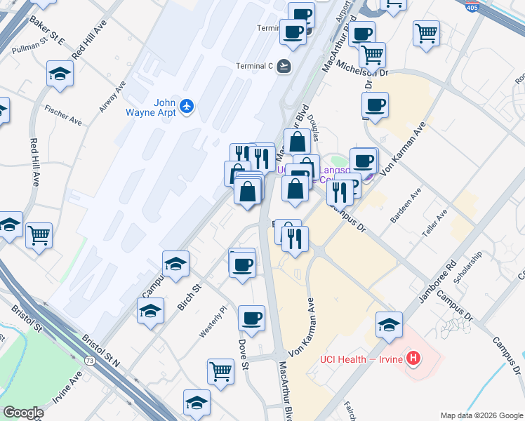 map of restaurants, bars, coffee shops, grocery stores, and more near 4695 Macarthur Boulevard in Newport Beach
