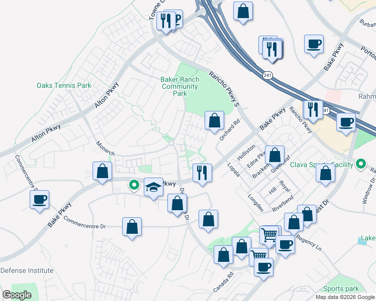 map of restaurants, bars, coffee shops, grocery stores, and more near 57 Wild Rose in Lake Forest