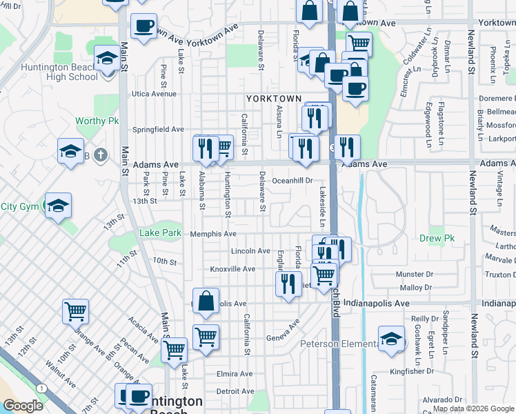 map of restaurants, bars, coffee shops, grocery stores, and more near 1411 Delaware Street in Huntington Beach