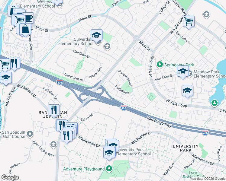 map of restaurants, bars, coffee shops, grocery stores, and more near 139 Rockwood in Irvine