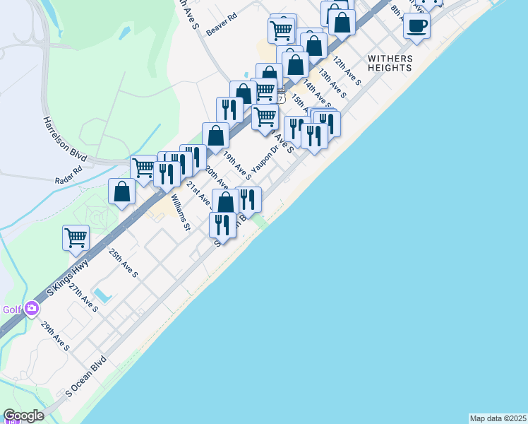 map of restaurants, bars, coffee shops, grocery stores, and more near 1903 South Ocean Boulevard in Myrtle Beach