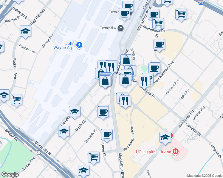 map of restaurants, bars, coffee shops, grocery stores, and more near 4695 Macarthur Boulevard in Newport Beach