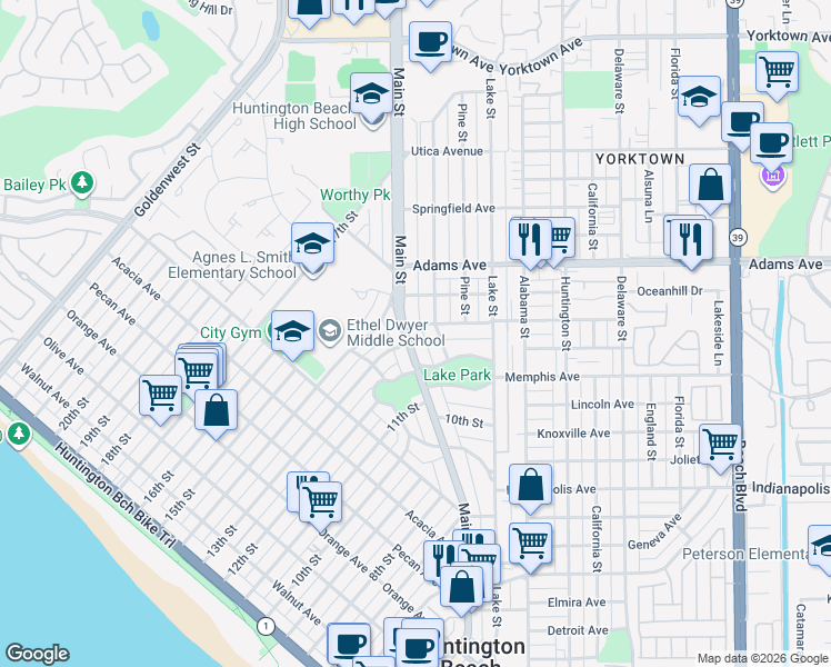 map of restaurants, bars, coffee shops, grocery stores, and more near 1024 Main Street in Huntington Beach