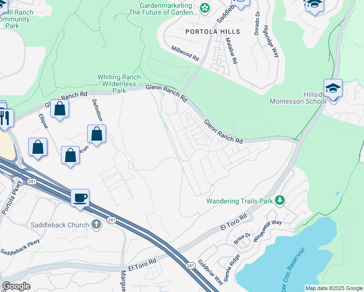 map of restaurants, bars, coffee shops, grocery stores, and more near 1171 Viejo Hills Drive in Trabuco Canyon