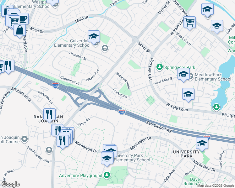map of restaurants, bars, coffee shops, grocery stores, and more near 119 Rockwood in Irvine
