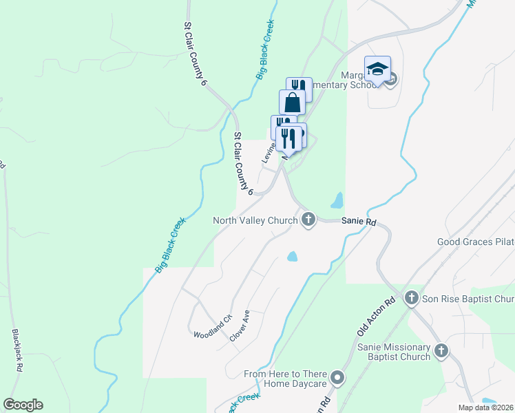 map of restaurants, bars, coffee shops, grocery stores, and more near 41 Woodland Ridge Road in Odenville