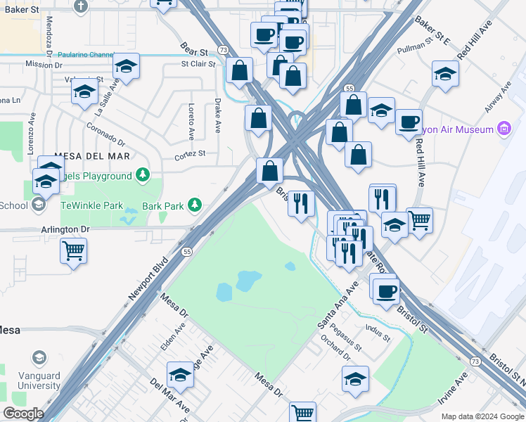 map of restaurants, bars, coffee shops, grocery stores, and more near 121 The Masters Circle in Costa Mesa