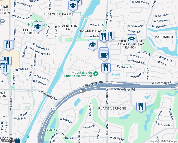 map of restaurants, bars, coffee shops, grocery stores, and more near 7700 West Aspera Boulevard in Glendale